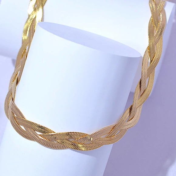 Braided Twisted Gold Plated Herringbone Snake Necklace Matching Bracelet Set - Picture 5 of 7
